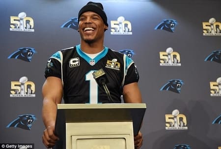 Newton in a press conference after being announced the MVP before Super Bowl
